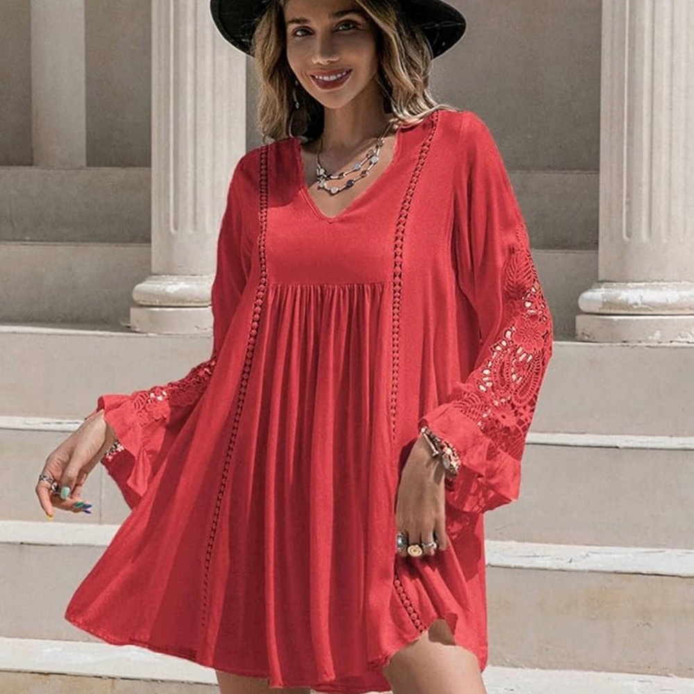 Rusttydustty Women'S Lace Insert Bell Sleeve Smock Dress In Red Size S
